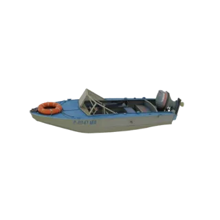 Blue and Gray Motorboat with Outboard Engine and Life Ring