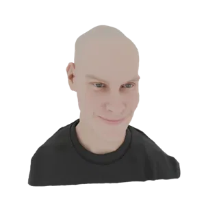 Modelo 3D de un hombre calvo con una sonrisa sutil, vistiendo una camiseta negra, sobre un fondo blanco.