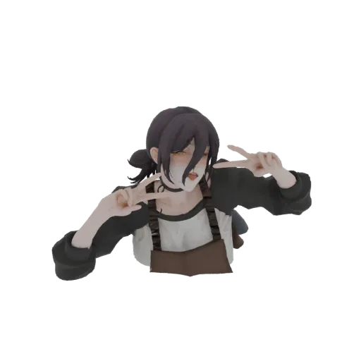 3D model of an anime girl with dark pigtails, wearing a white shirt and brown apron, making peace signs with her hands.