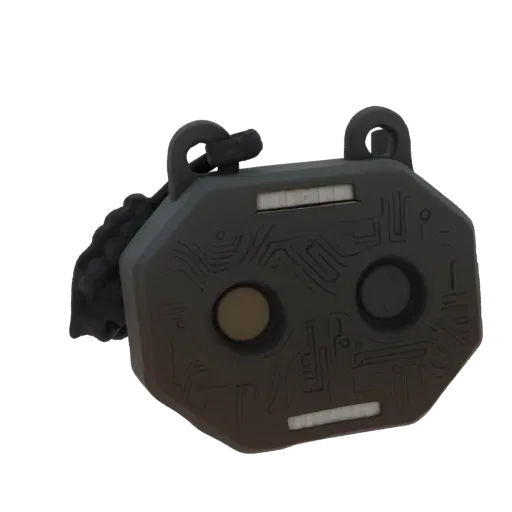 3D model of an octagonal pendant with etched circuit patterns, two buttons, and a braided cord attachment, set against a blac