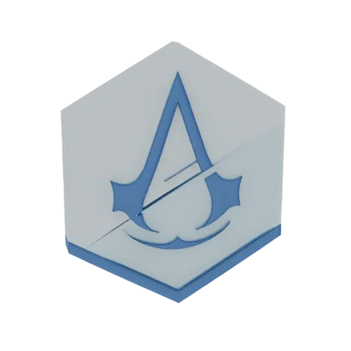3D model of the Assassin's Creed Unity logo, depicted as a white hexagonal prism with a blue stylized 'A' symbol and blue tri