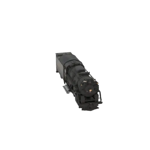 A detailed 3D model of a classic black steam locomotive, viewed from a slightly elevated angle.