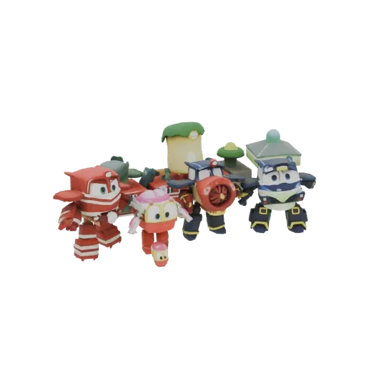 3D-Modell der Super Wings Zug-Charaktere in ihren Roboterformen, die zusammen stehen.