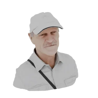 3D model render of an elderly man's bust wearing a white cap and a light-colored shirt.