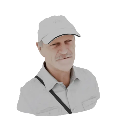 3D model render of an elderly man's bust wearing a white cap and a light-colored shirt.