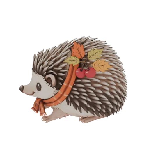 3D model of a cute hedgehog wearing an orange scarf, with autumn leaves and red cherries on its back, set against a black bac