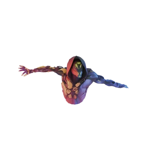 3D model of a sci-fi hooded figure with a robotic arm, arms outstretched in a T-pose, against a black background.