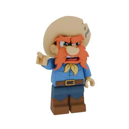 Modelo 3D de Yosemite Sam com chapéu de cowboy e camisa azul, em pose irritada com o dedo apontado.