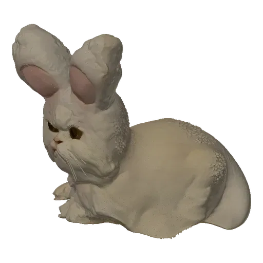 3D render of a grumpy white cat figurine with large pink-lined bunny ears, sitting with paws forward.