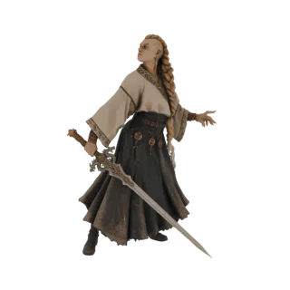 Modelo 3D de una feroz mujer guerrera vikinga con cabello rubio trenzado, vestida con ropa y armadura en capas, sosteniendo u