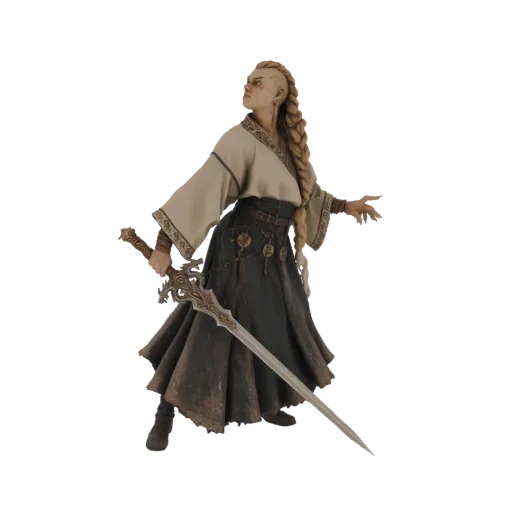 Modèle 3D d'une féroce guerrière viking aux cheveux blonds tressés, portant des vêtements et une armure superposés, tenant un