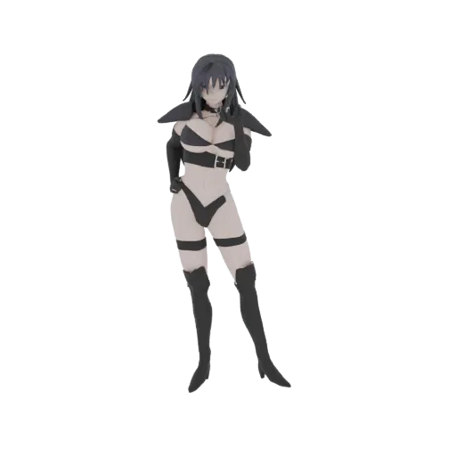 Modelo 3D de uma figura gótica anime com biquíni preto e botas de cano alto, em pose confiante.