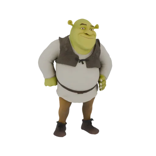 Modelo 3D de Shrek, el ogro verde, de pie con una leve sonrisa y las manos en las caderas, vistiendo su icónico chaleco y túnica.