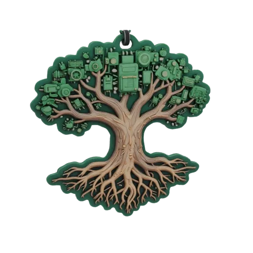 3D model of a tree with roots, its branches composed of microchips and electronic components, on a white background.