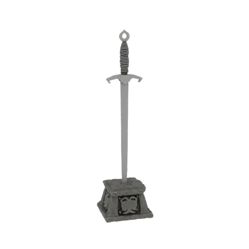 3D model of fencer's cup: hand-and-a-half sword stuck in a stone pedestal with ornament