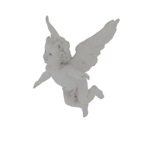 3D-Modell einer weißen Putto Engelsstatue mit ausgebreiteten Flügeln, dynamisch fliegend.