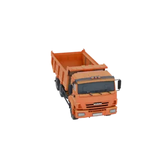 Modelo 3D de um caminhão basculante laranja com a caçamba ligeiramente elevada, visto de um ângulo frontal de três quartos.