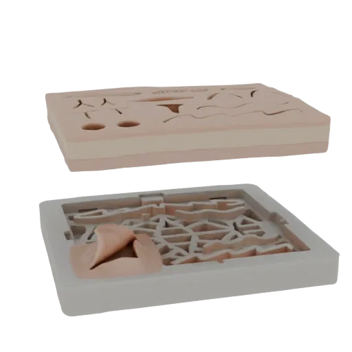 Modelo 3D de um formigueiro habitat de duas partes, mostrando a camada superior de observação e a base com intrincados sistem