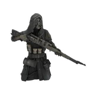 3D model of a wasteland sniper wearing a hooded mask and holding a rifle, with tactical gear and a tattered coat.