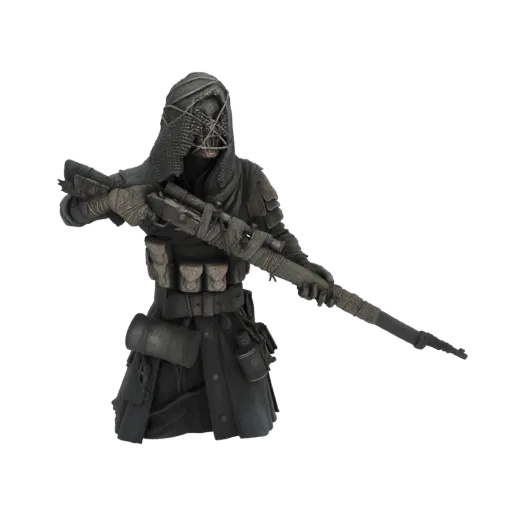 3D model of a wasteland sniper wearing a hooded mask and holding a rifle, with tactical gear and a tattered coat.