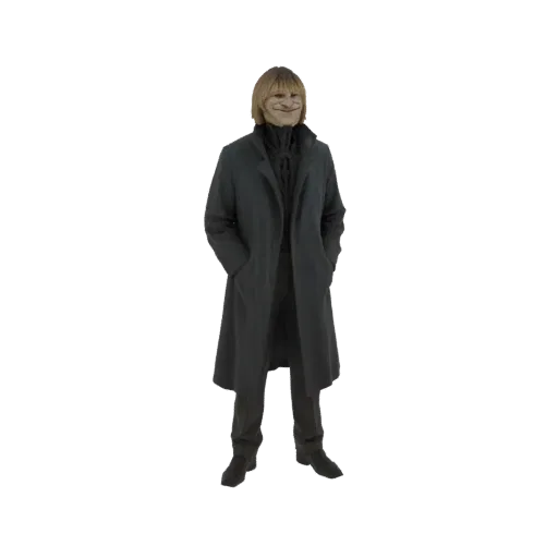 3D-Modell eines Mannes, der mit den Händen in den Taschen steht und einen dunklen Mantel und einen strukturierten Schal trägt