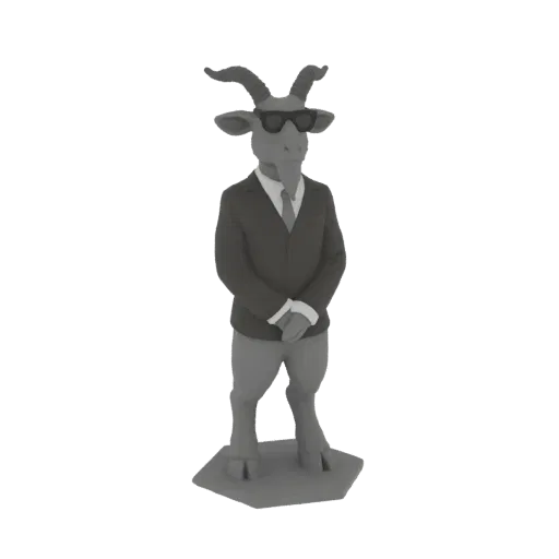 3D-Modell einer grauen Ziege mit Sonnenbrille und dunklem Anzug, stehend auf sechseckiger Basis.