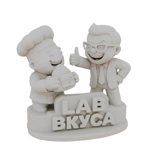 3D render of a white cartoon chef holding a 'LAB' item and a businessman giving a thumbs-up, with 'LAB VKUSA' text on the bas