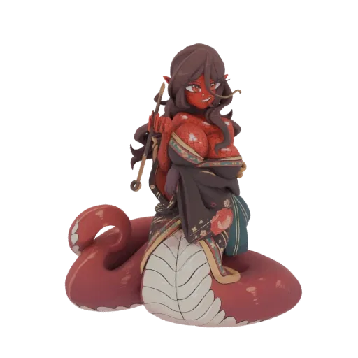 3D model of a Naga Sorceress with red scales, wearing ornate clothing and coiled on her serpentine tail.