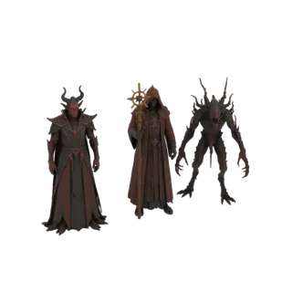 Three dark fantasy 3D models: a red-armored demon lord, a brown-robed cultist with a staff, and a dark, monstrous eldritch ab