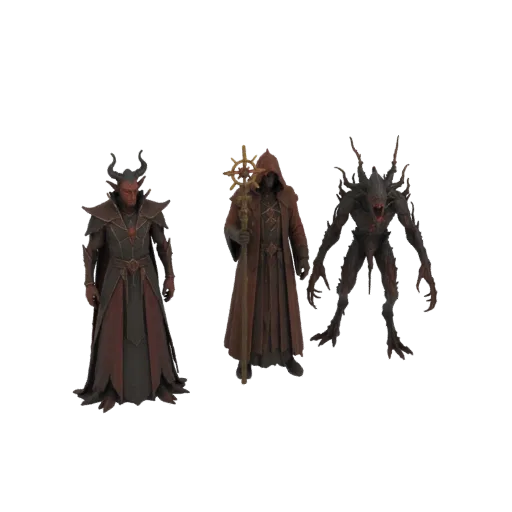 Three dark fantasy 3D models: a red-armored demon lord, a brown-robed cultist with a staff, and a dark, monstrous eldritch ab