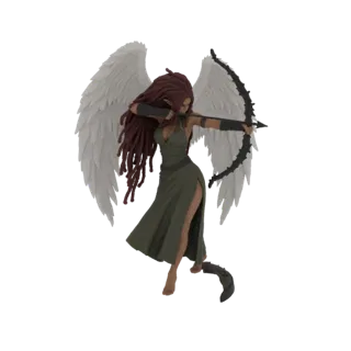 3D-Modell einer Fantasy Elfen Bogenschützin mit weißen Flügeln, die einen Bogen spannt und ein grünes Kleid trägt.
