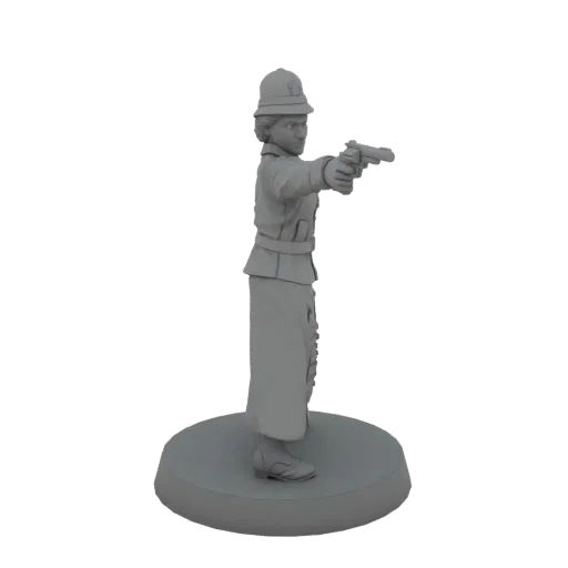 3D model of a Victorian era female officer in uniform, aiming a revolver, on a circular base.