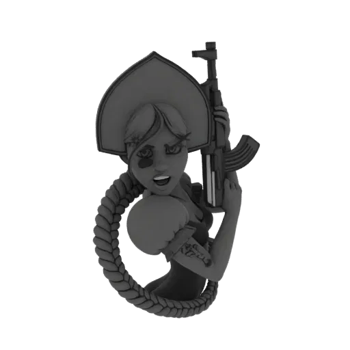 3D model of a stylized Russian warrior woman with a braided hairstyle and an AK-47 rifle, against a black background.