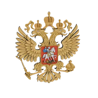 Modelo 3D do emblema da águia bicéfala russa em dourado, com coroas, orbe e cetro.