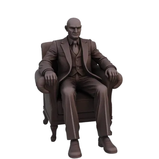 3D model of a bald man in a suit, seated in an armchair, with a serious expression.