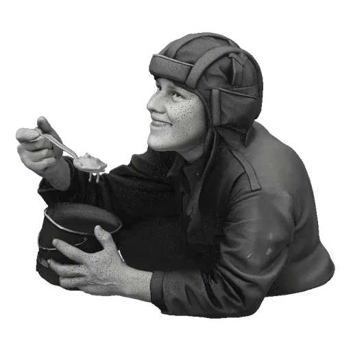 3D model of a Soviet tank crewman wearing a helmet and uniform, eating from a mess kit with a spoon.