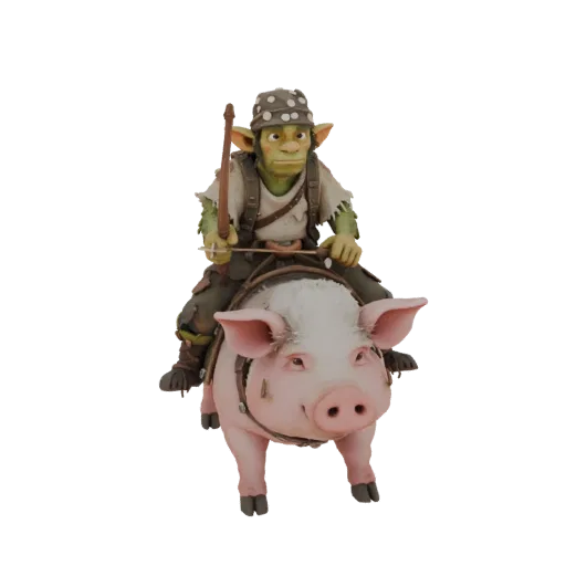 Modelo 3D de goblin arqueiro em porco rosa, com arco e flecha, estilo fantasia