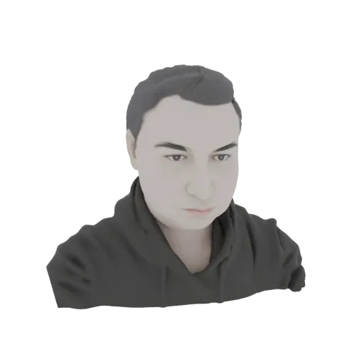 Rendering modello 3D uomo con capelli corti scuri, indossa felpa grigio scuro, guarda leggermente verso il basso.
