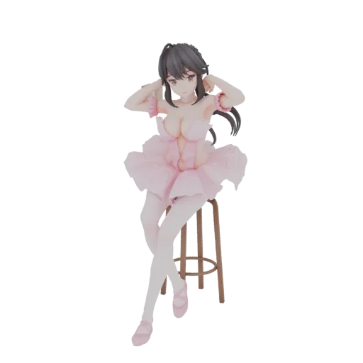 A 3D render of a ballerina figurine wearing a pink tutu and sitting on a stool, with her hands near her hair.