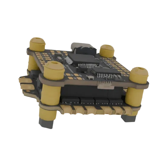 3D model of a drone flight controller stack, showing layered PCBs with microchips, capacitors, and yellow standoffs.
