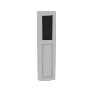 Modelo 3D de um bollard retangular moderno, cinza claro, com painel de luz escuro integrado e base sutilmente alargada.