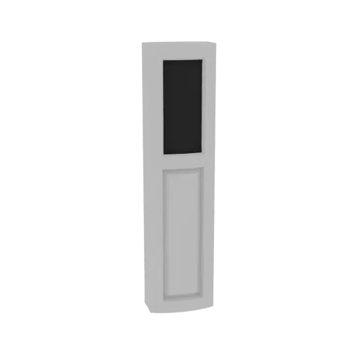 Modelo 3D de um bollard retangular moderno, cinza claro, com painel de luz escuro integrado e base sutilmente alargada.
