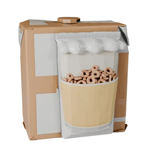 Caixa de Cereal de Lanche Modelo 3D Imprimível, renderização isométrica STL, mostrando papelão, massa da embalagem.