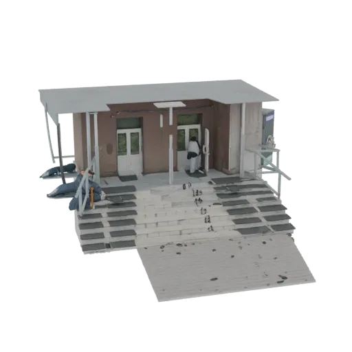 3D-Modell einer verfallenen Bushaltestelle mit verwittertem Dach, rissigen Stufen und zwei wartenden Figuren vor weißem Hinte