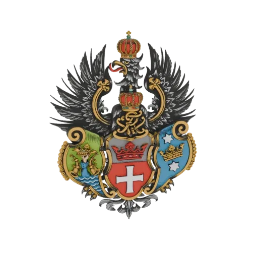 3D model of a detailed Imperial Eagle Coat of Arms with crowns and heraldic shields.