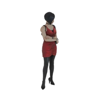 3D model of Ada Wong wearing a red dress, black stockings, and high heels, with her arms crossed.