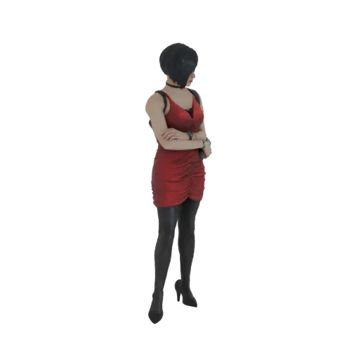 Modelo 3D de Ada Wong con vestido rojo, medias negras y tacones altos, con los brazos cruzados.