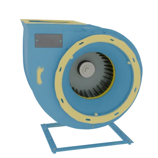 Modelo 3D de um ventilador centrífugo industrial azul com junta amarela e suporte metálico, mostrado de um ângulo frontal lat