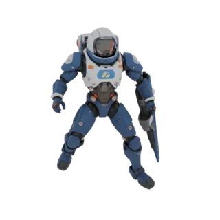 Modello 3D di motociclista spaziale in tuta blu, in posa dinamica con arma.