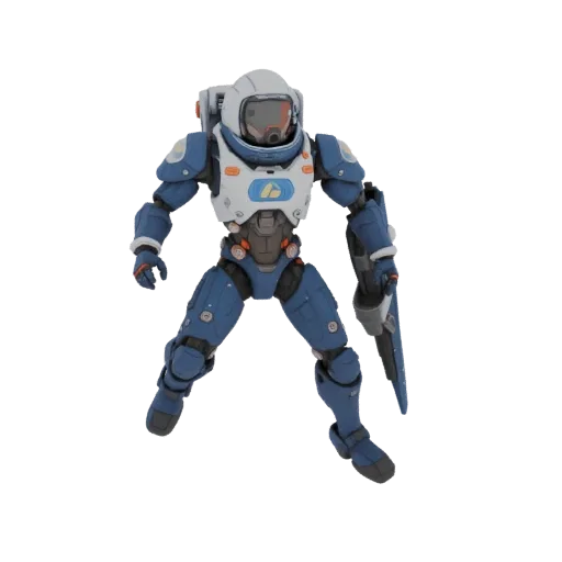 Modello 3D di motociclista spaziale in tuta blu, in posa dinamica con arma.